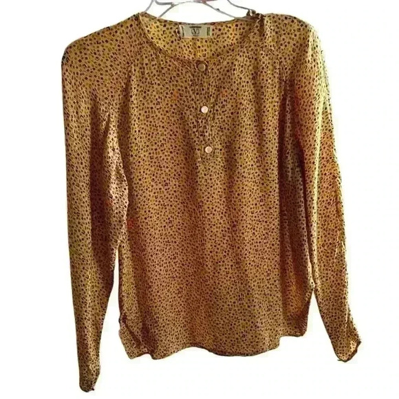 Valentino VTG Miss V  Blouse Collarless 100% Silk Long Sleeve Fun Yellow Dot 10 - Picture 1 of 4